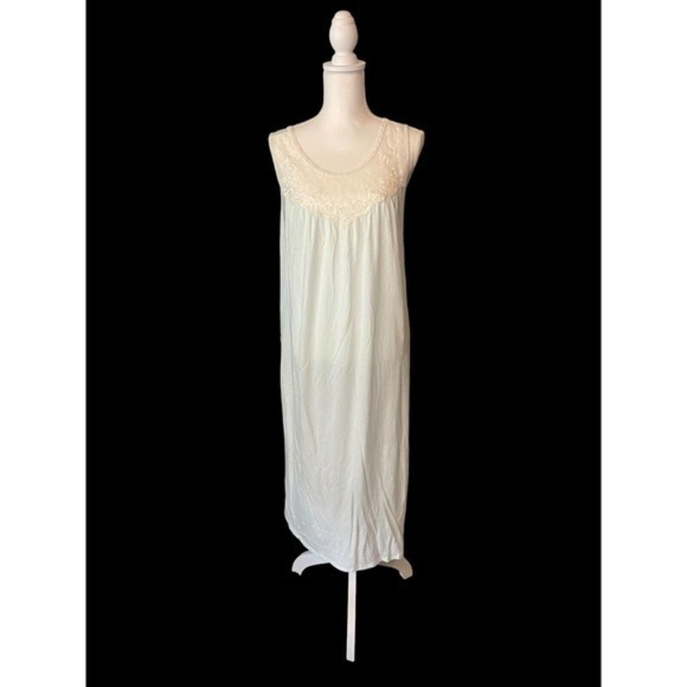 Vintage Amyris Shadowline Sleeveless Rayon Cotton Gown Large Green‎ Lace Trim